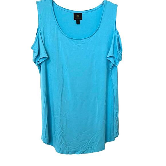 JM COLLECTION CAP SLEEVE COLD SHOULDER TOP, WOMENS, XL, LIGHT BLUE-ROUND HEMLINE - Picture 1 of 11